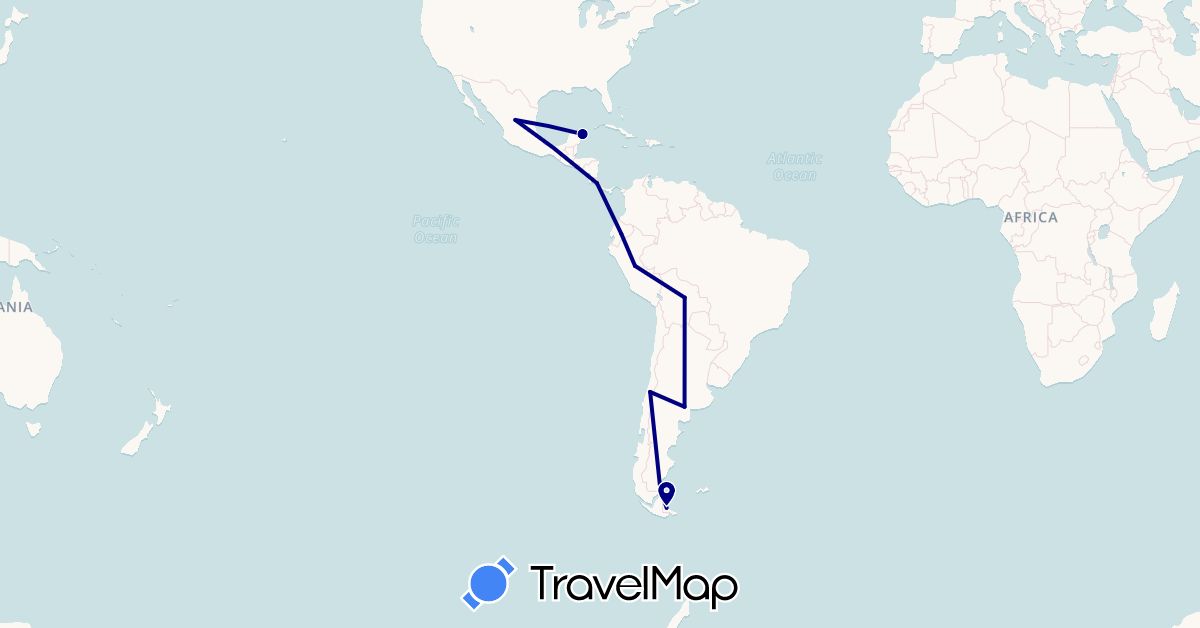 TravelMap itinerary: driving in Argentina, Bolivia, Chile, Costa Rica, Ecuador, Mexico, Peru (North America, South America)
